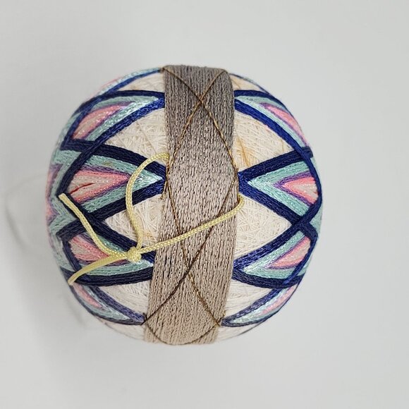 Handmade Japanese Temari Embroidered Ball With Geometric Patterns Pink Purple - Picture 6 of 6